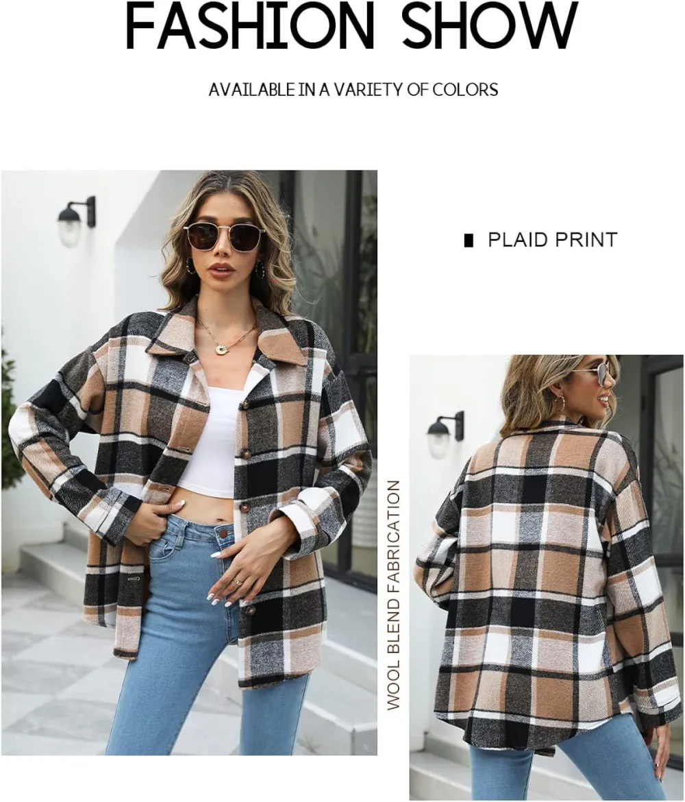 Women's Flannel Plaid Shacket Long Sleeve Button Down Chest Pocketed Shirts Jacket Coats