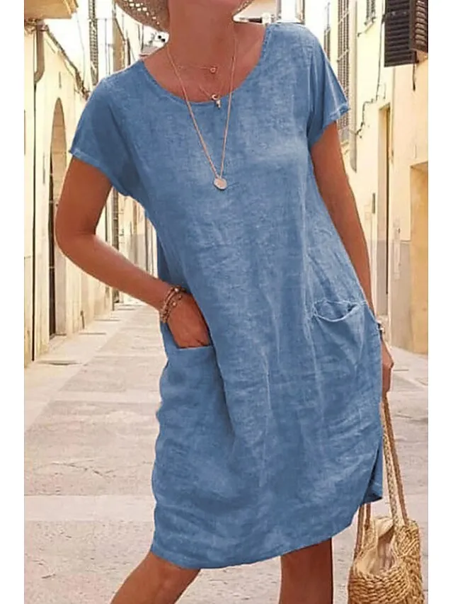 Women‘s Shift Dress Knee Length Dress Short Sleeve Pure Color Pocket Spring Summer Crew Neck Basic Casual Classic Loose 2023 S M L XL 2XL 3XL 4XL 5XL / Cotton