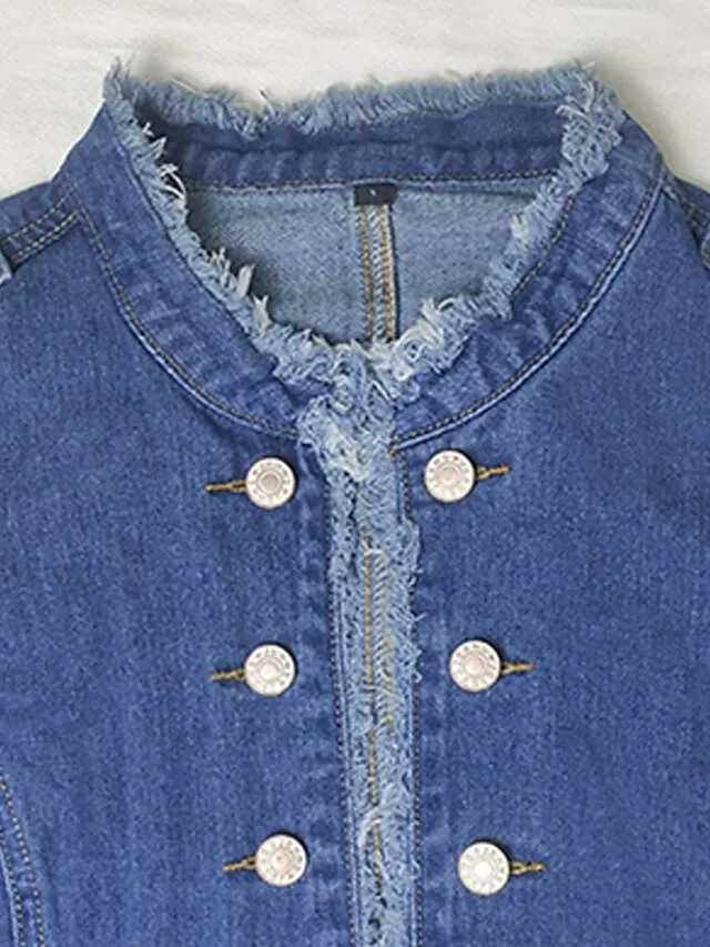 Women's Denim Jacket Outdoor clothing Button Plain Comfortable Streetwear Regular Fit Outerwear Long Sleeve Spring Blue S