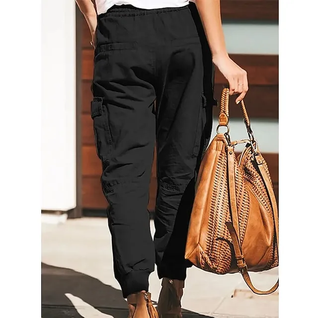 Women's Cargo Pants Pants Trousers Baggy Cuffed Cargo Drawstring Baggy Multiple Pockets Plain Comfort Full Length Casual Weekend Fashion Black Green Mid Waist Micro-elastic