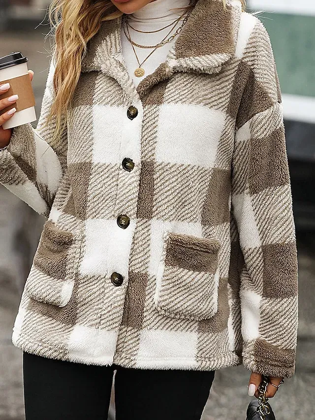Women's Teddy Coat Plaid Sherpa Jacket Winter Fleece Coat Fall Single Breasted Stand Collar Jacket Regular Fit Outerwear Long Sleeve Black Khaki