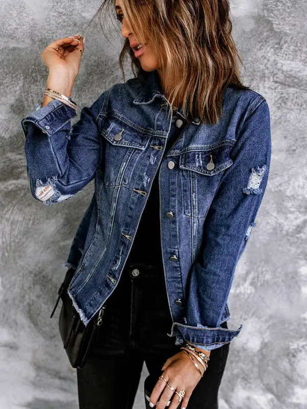 Lapel Distressed Raw Hem Buttons Denim Jacket