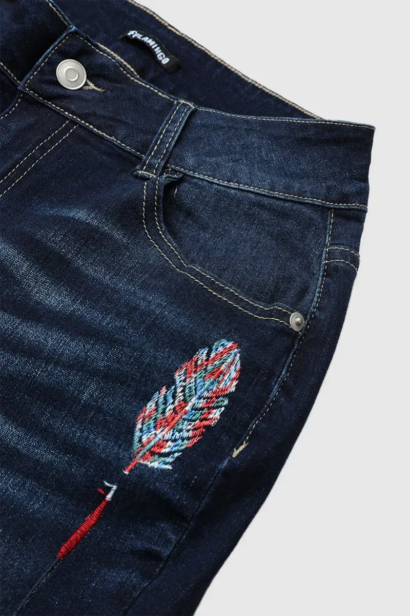 Feather Embroidery Mid Rise Bootcut Jeans