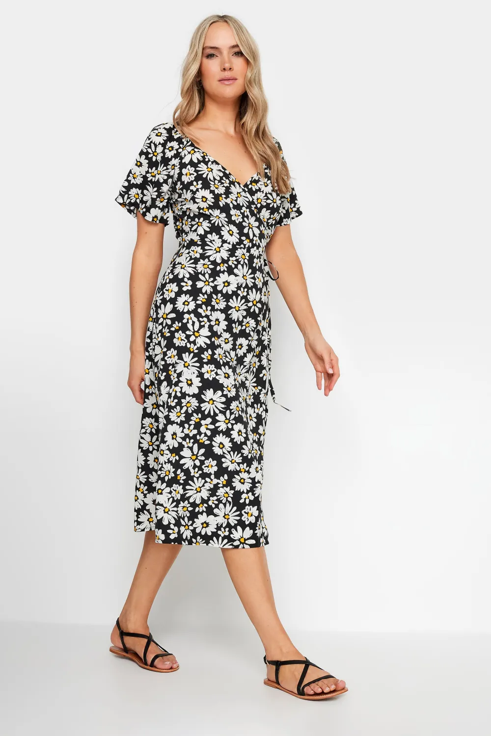 LTS Tall Black Daisy Print Wrap Dress