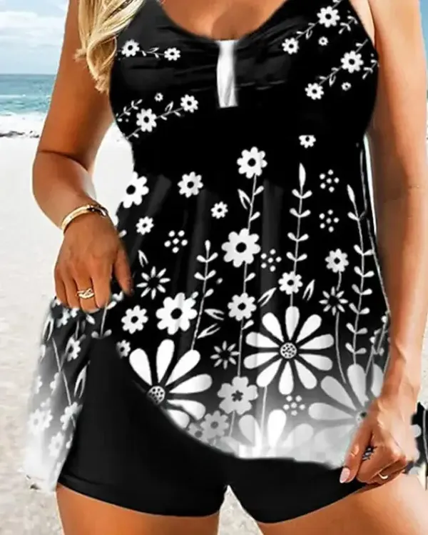 Women's Floral Print Black Padded V Wire Tankinis