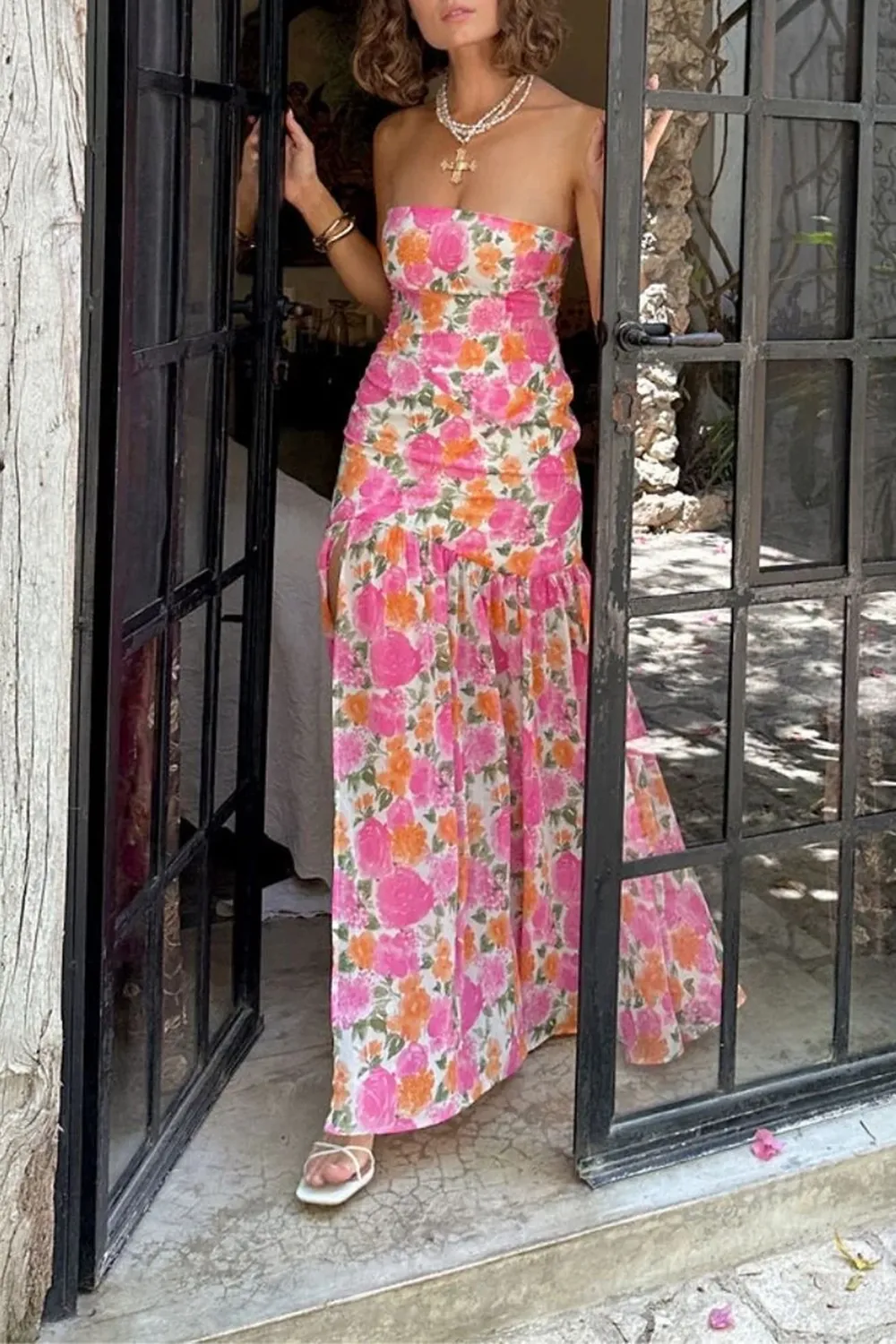 Strapless Drop Waist Pink Floral Maxi Dress