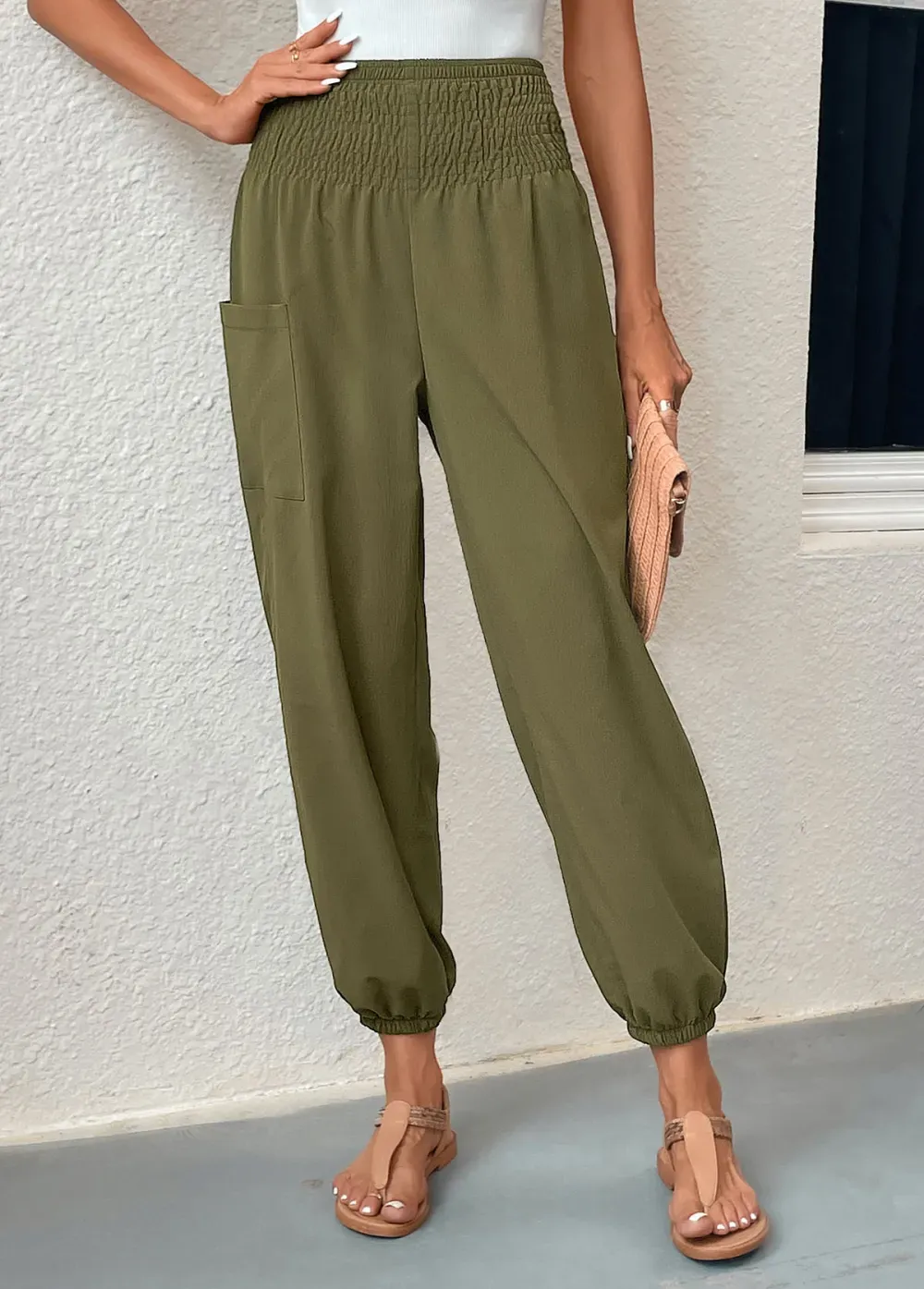 Blackish Green Smocked Regular Elastic Waist Pants