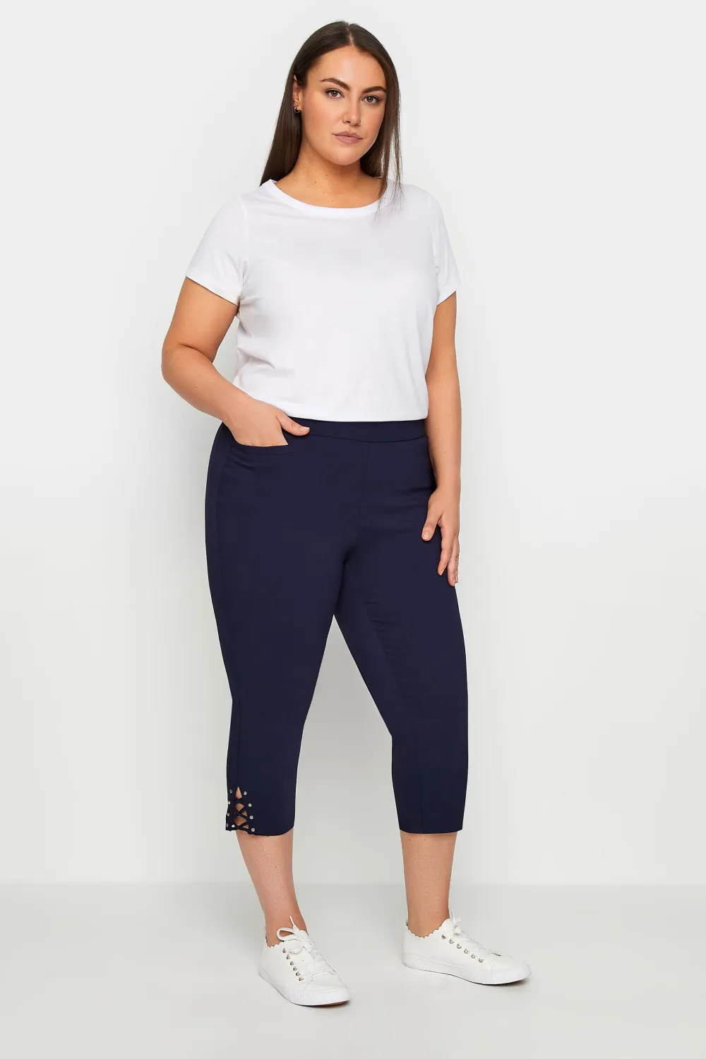 Evans Navy Blue Cut Out Stud Cropped Leggings