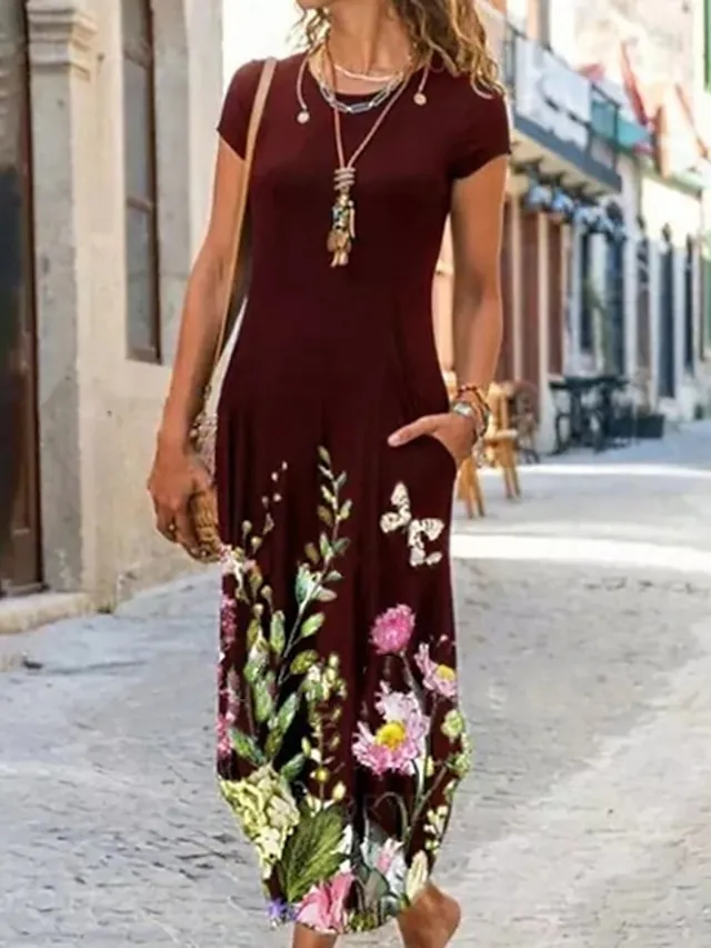 Women's Casual Dress Ethnic Dress Shift Dress Long Dress Maxi Dress Black Pink Wine Short Sleeve Floral Print Spring Summer Crew Neck Vintage Daily Vacation Weekend 2023 S M L XL XXL 3XL