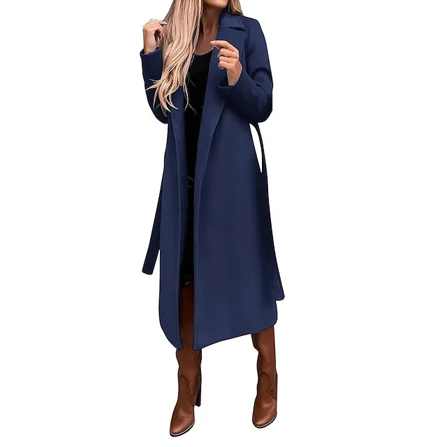 Women's Winter Coat Long Overcoat with Belt Fall Lapel Pea Coat with Pockets Trench Coat Fashion Street Wear Formal Jacket Long Sleeve  Black White Yellow