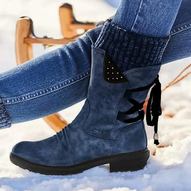 Women's Boots Snow Boots Sweater Boots Plus Size Outdoor Daily Mid Calf Boots Winter Lace-up Flat Heel Round Toe Casual Faux Leather Zipper Black Red Blue
