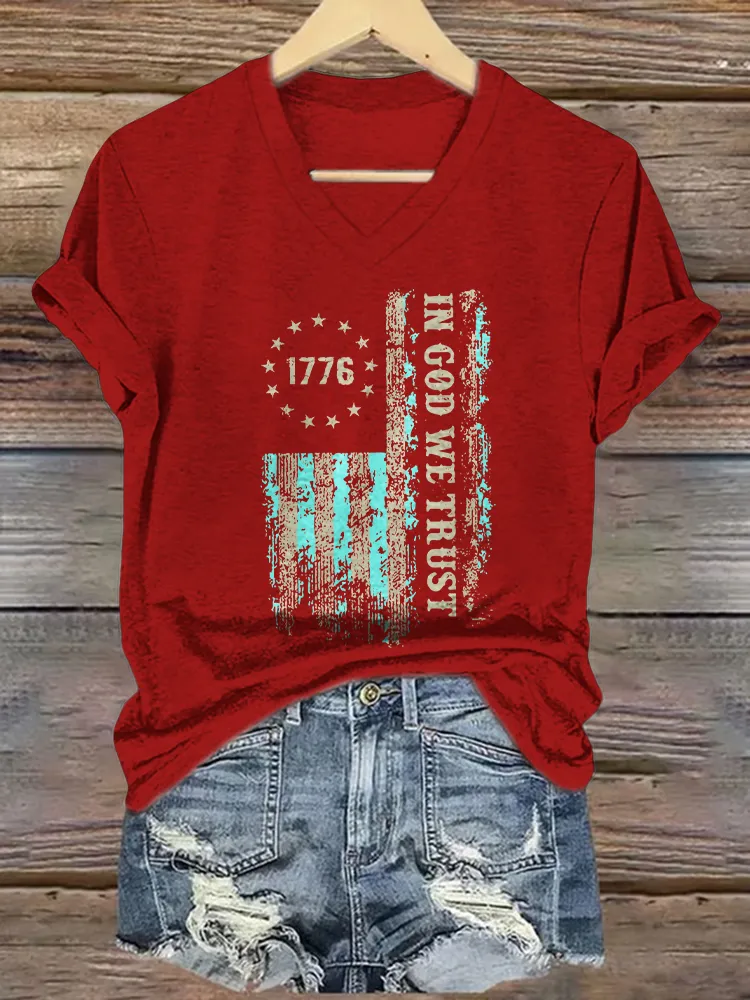 Women's In God We Trust Print Short Sleeve Round Neck Cotton T-Shirt