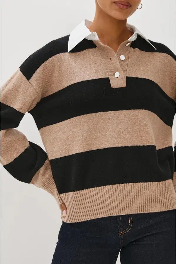 Beige Black Striped Rugby Henley Sweater