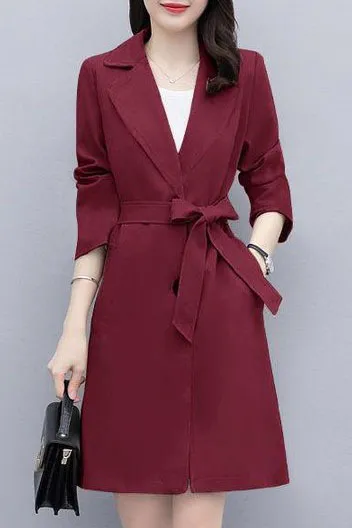 Front Tie Solid Lapel Trench Coat