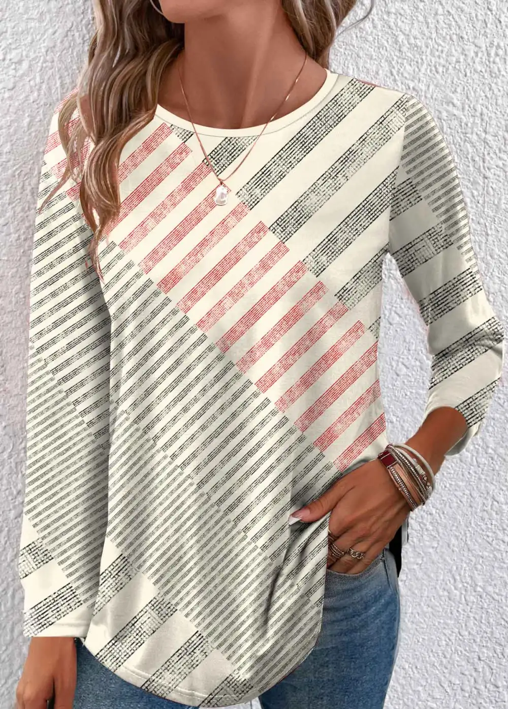 Beige Patchwork Geometric Print Long Sleeve T Shirt