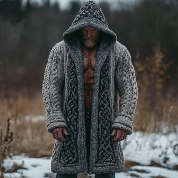 Men's Viking Celtic Knot Contrast Chunky Cozy Hooded Long Cardigan