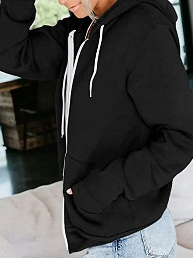 Women's Hoodied Jacket Casual Jacket Fall Spring Outdoor Zipper Plain Breathable Streetwear Regular Fit Outerwear Long Sleeve Summer Black S