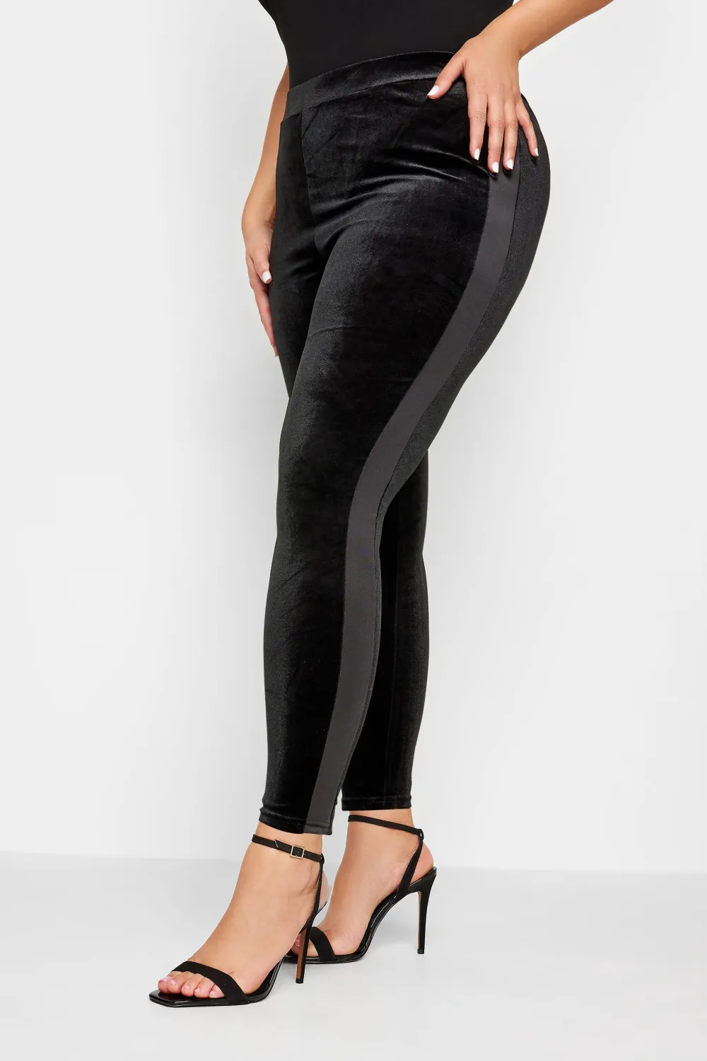 YOURS Curve Black Stretch Velvet Contrast Stripe Leggings