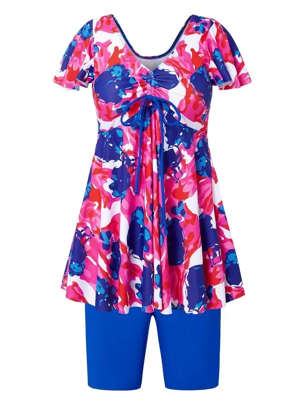 Casual Floral Printing V Neck Tankinis Two-Piece Set