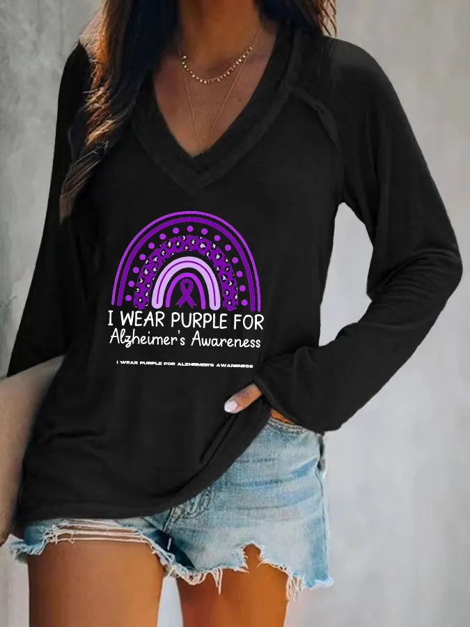 Women'S I Wear Purple For Alzheimer'S Awareness V-Neck T-Shirt
