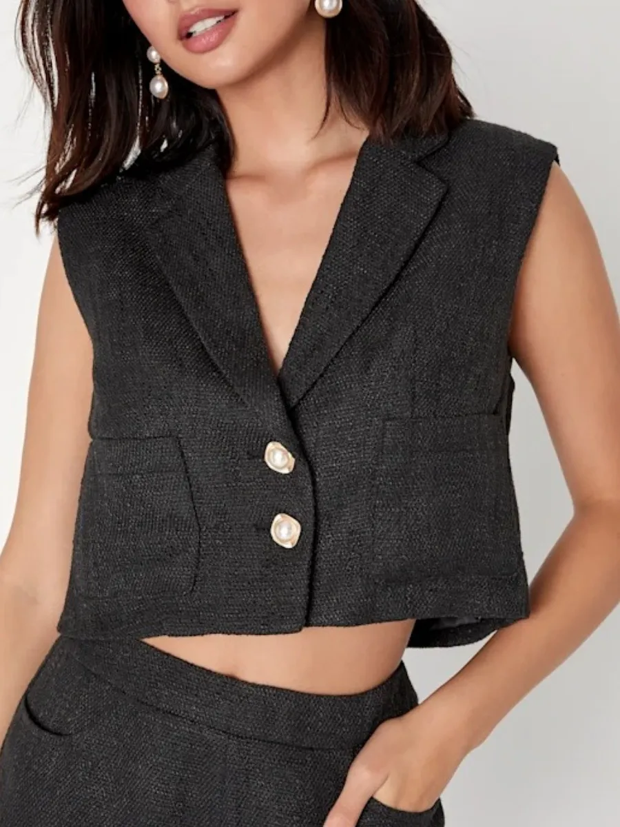 Gold Button Tweed Sleeveless Blazer