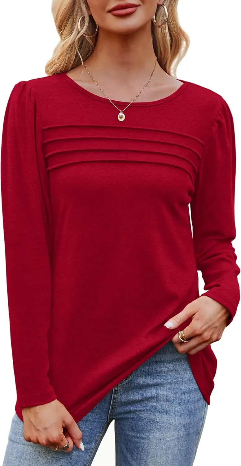 OFEEFAN Long Sleeve Shirts for Women Fall Fashion 2024 Dressy Casual Blouses Trendy Pleated Tunic Tops for Leggings