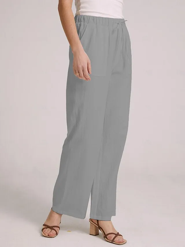 Women's Bootcut Culottes Wide Leg Chinos Cotton Faux Linen Solid Colored Baggy Mid Waist Lightweight Basic Wedding Daily Black White S M Spring &  Fall