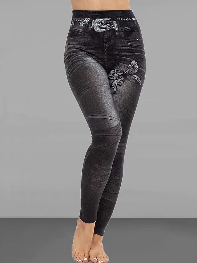 Women's Slim Pants Trousers Leggings Full Length Faux Denim Pocket High Cut High Elasticity High Waist Fashion Streetwear Street Causal Black Blue S M Summer Fall