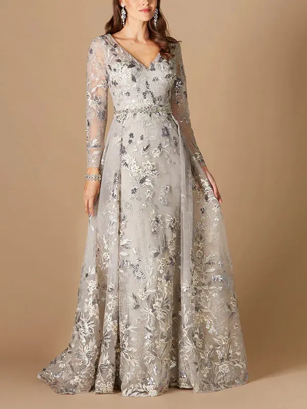 V-neck Long-sleeved Printed Maxi Dress