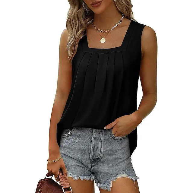 Tank Women's Wine Red Black White Solid / Plain Color Pleated Daily Basic Square Neck S