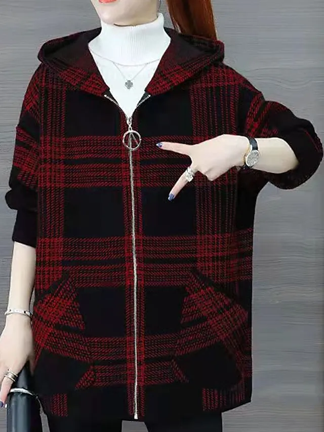 Women's Hoodie Jacket Fall Zip up Sweatshirt Plaid Print Winter Cropped Coat Windproof Warm Casual Jacket Long Sleeve Plaid with Pockets Black