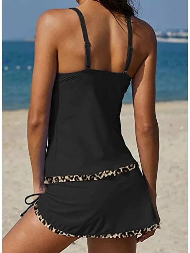 Women's Swimwear Tankini 2 Piece Normal Swimsuit 2 Piece Printing Graphic Leopard Black Brown Rose Red Bathing Suits Sports Beach Wear Summer