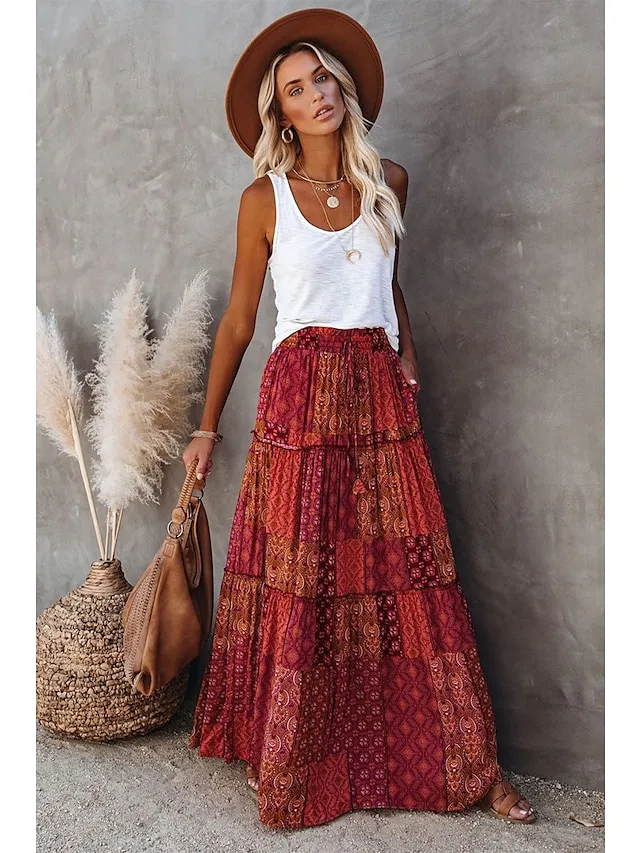 Women's Skirt Swing Long Skirt Maxi Red Blue Purple Orange Skirts Spring & Fall Ruffle Print Fashion coastal grandma style Boho Holiday Casual Daily S M L