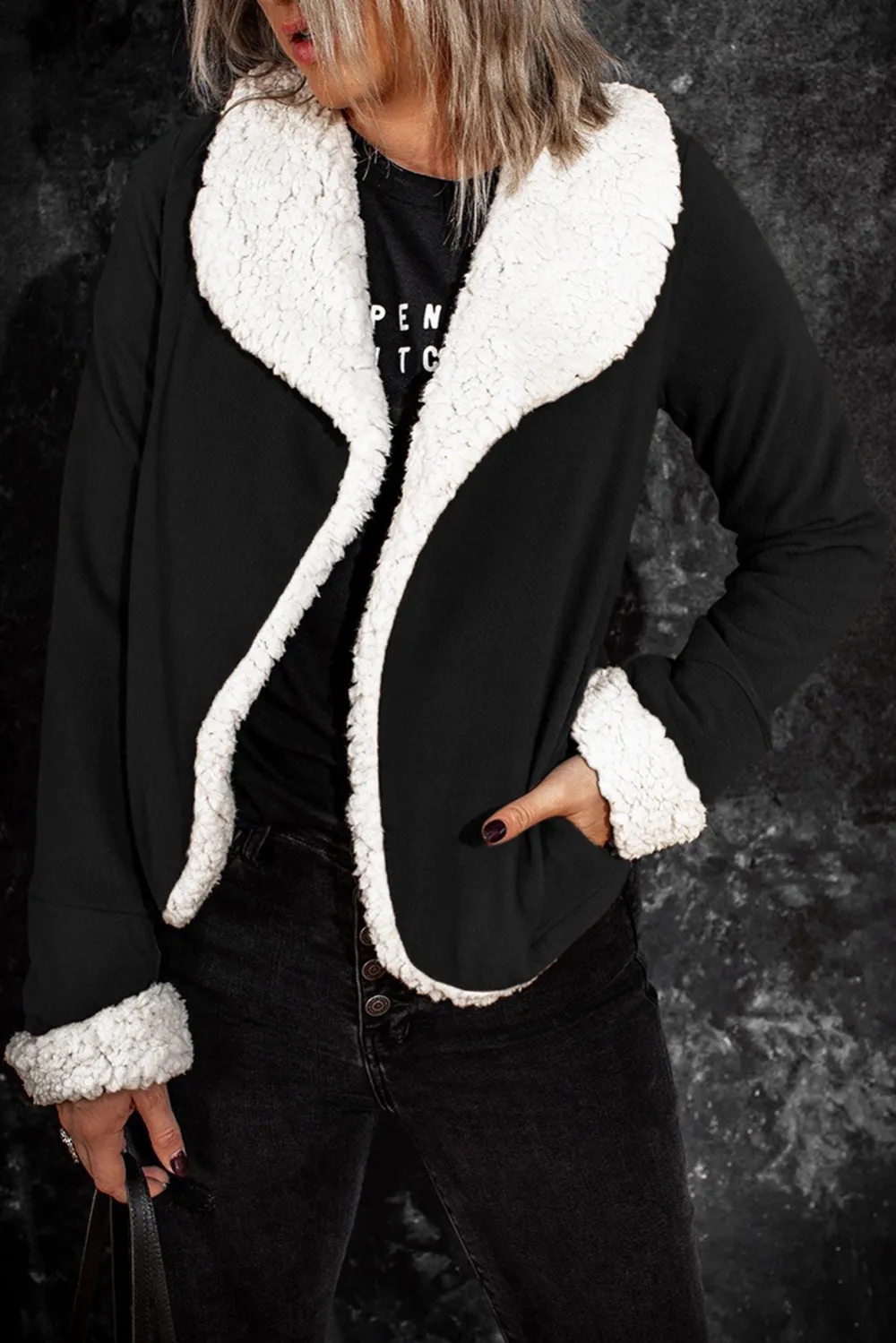 Brown Lapel Collar Fleece Open Front Coat