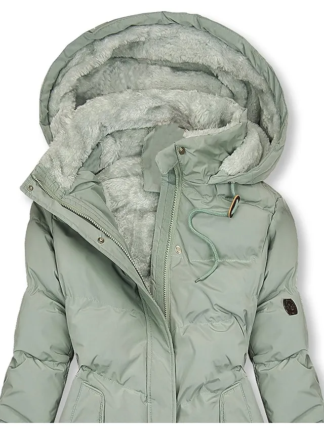 Women's Puffer Jacket Winter Windproof Jacket Winter Coat Comfortable Street Casual Daily Zipper Pocket Hoodie Casual Street Style Plain Regular Fit Outerwear Long Sleeve Winter Fall Green