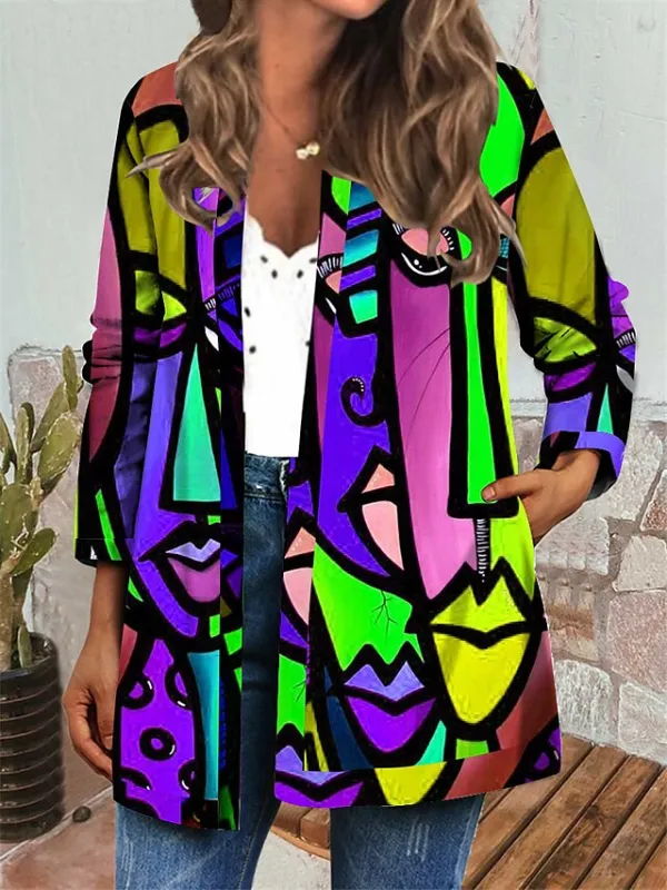 Women's Jacket Casual Jacket Regular Lips Print Coat Blue Purple Casual Daily Autumn / Fall Open Front Round Neck Regular Fit S M L XL XXL 3XL / Windproof / Color Block / Portrait