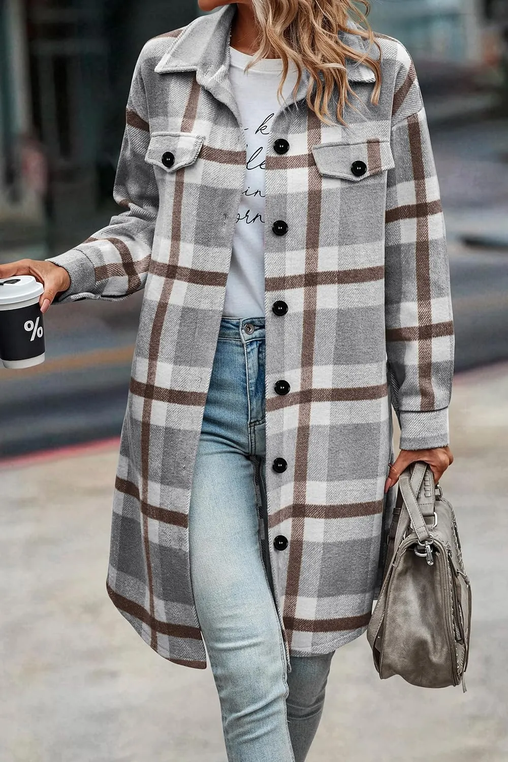 Women's Plaid Shacket 2023 Long Sleeve Button Up Flannel Shirt Winter Tartan Jacket Woolen Coats