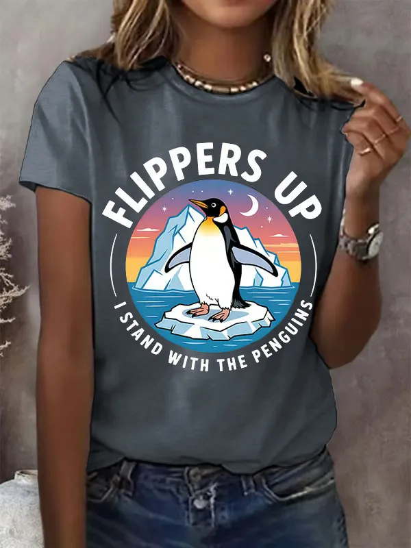 Women'S T-Shirt Women's Penguins Flippers Up Print Round Neck T-Shirt