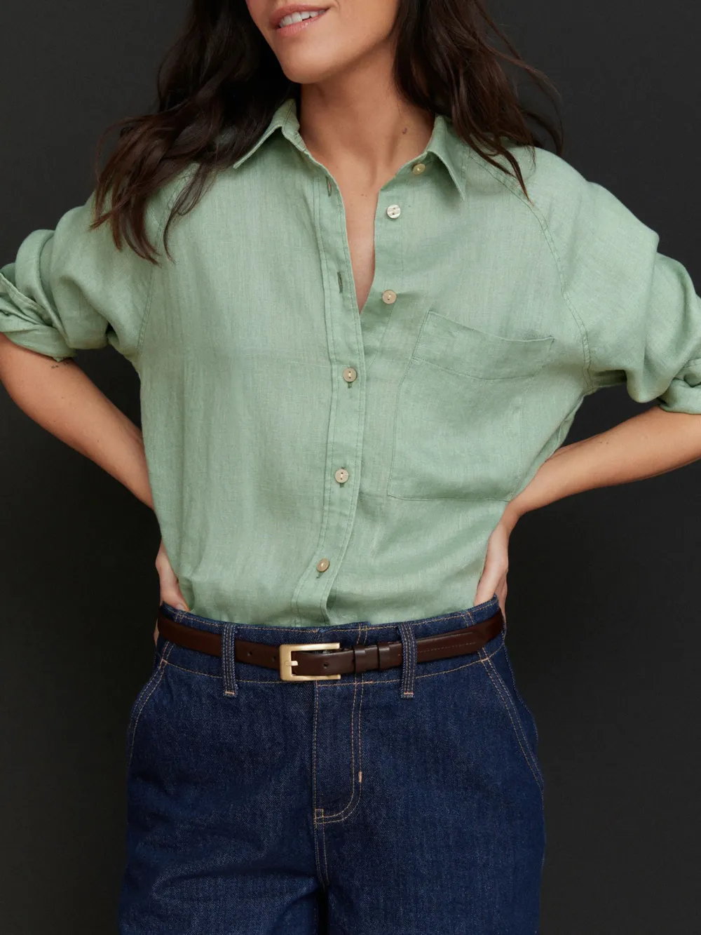 Loose Fit Long Sleeve Linen Button-Up Shirt