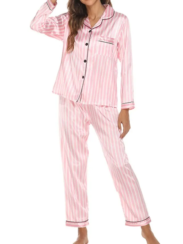 Women's Pajamas Sets Nighty Pjs 2 Pieces Heart Stripe Fashion Comfort Home Satin Lapel Long Sleeve Pant Button Fall Spring Light Pink Green / Silk / Flower / Feather
