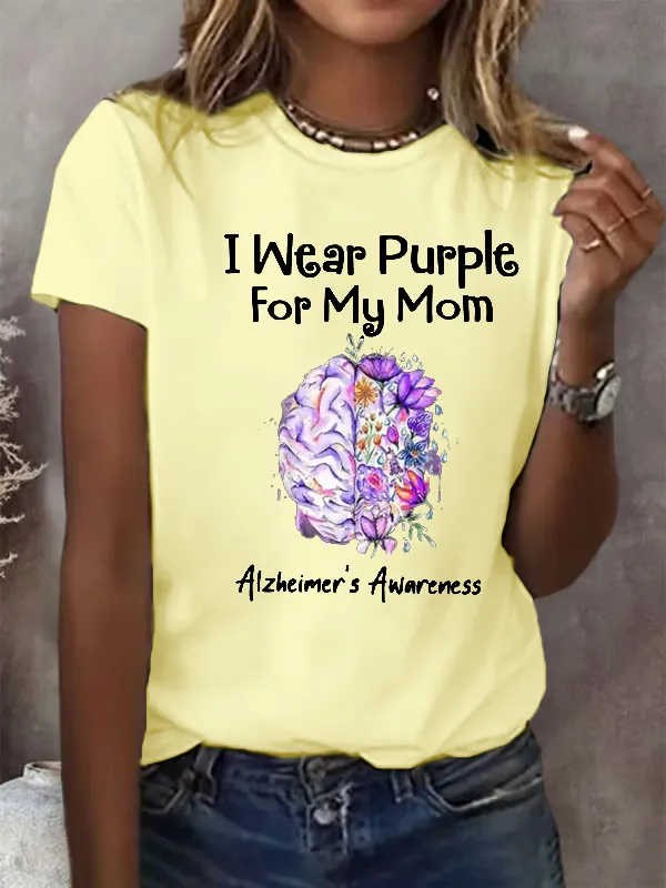 Women'S I Wear Purple For My Mom Alzheimer'S Awareness Support Round Collar Tee