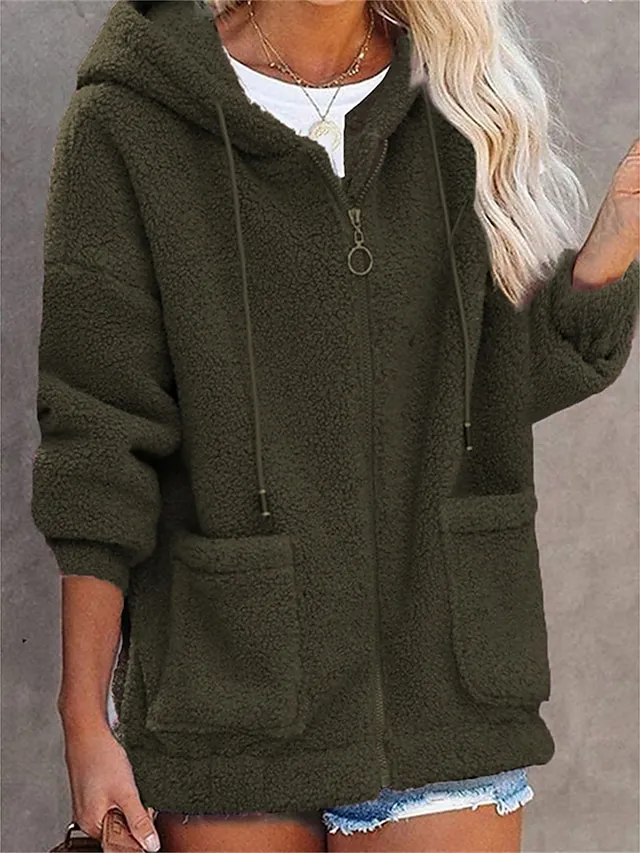Women's Teddy Coat Fall Sherpa Jacket Street Winter Short Coat with Hood Vacation Going out  Warm Stylish Daily Casual Jacket Long Sleeve Plain with Pockets Black Blue Army Green