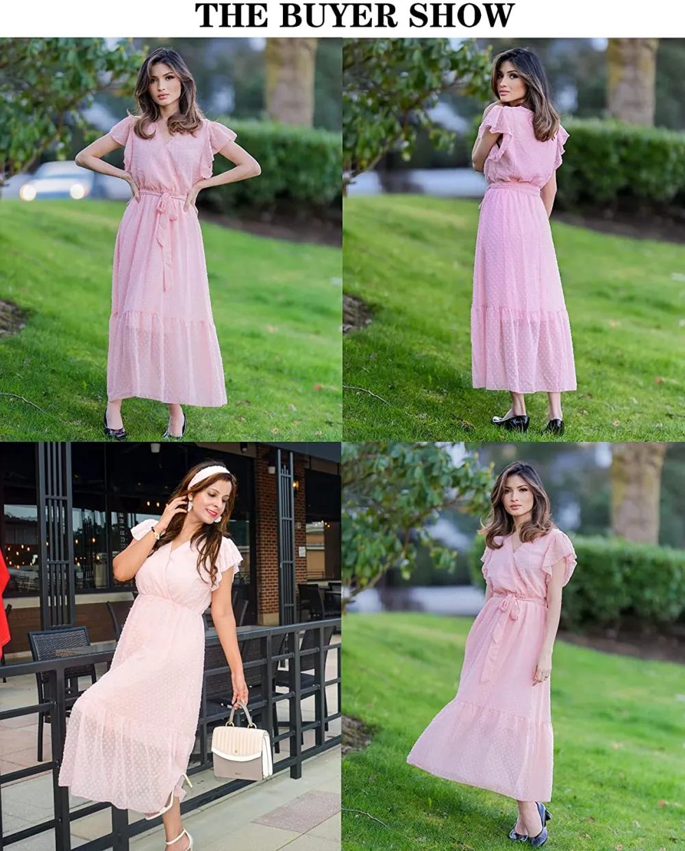 Women Summer Bohemian Floral Casual Wrap V Neck Ruffle Cap Sleeveless Belt A-Line Pleated Hem Swing Midi Sun Dress