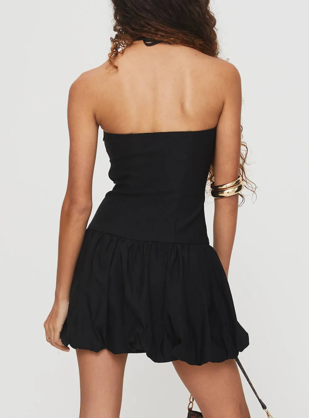 Black Strapless Bubble Hem Mini Dress