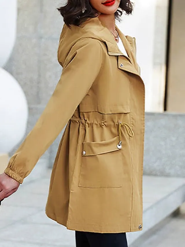 Women's Trench Coat Fall Outdoor Zipper Plain Breathable Streetwear Regular Fit Outerwear Long Sleeve Black M