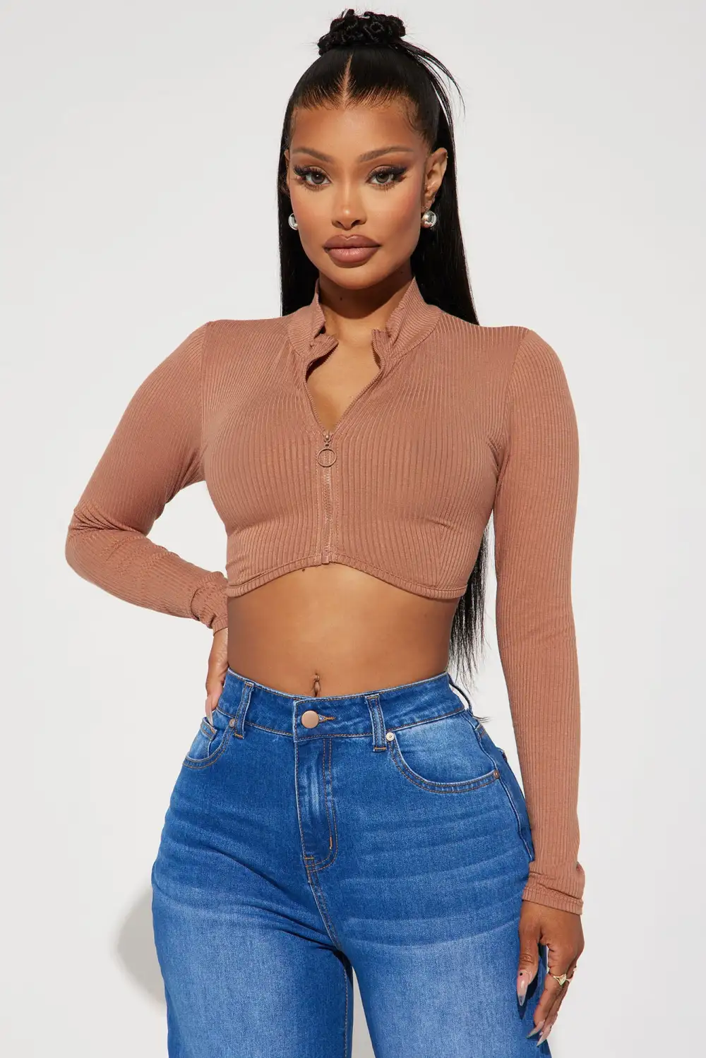 Nikita Ribbed Zip Up Top - Taupe
