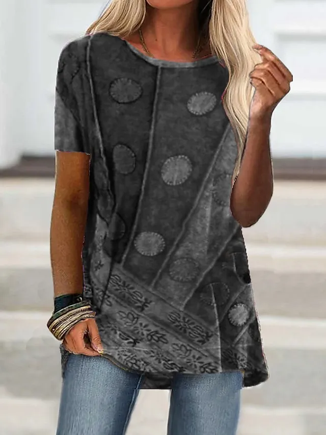 Women's T shirt Tee Burgundy Tee T shirt Dress Tunic Shirts Graphic Geometric Color Block Wine Red Blue Print Short Sleeve Casual Weekend Tunic Basic Boho Round Neck Regular Fit