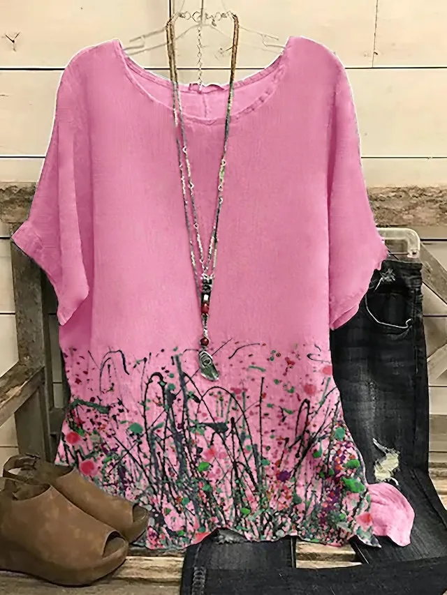 Women's Shirt Blouse Floral Scenery Abstract White Pink Blue Print Short Sleeve Daily Basic Casual Crew Neck Regular Fit Dolman Sleeve Summer Spring