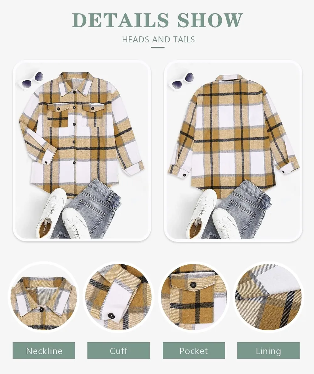 Women's Flannel Plaid Shacket Long Sleeve Button Down Chest Pocketed Shirts Jacket Coats