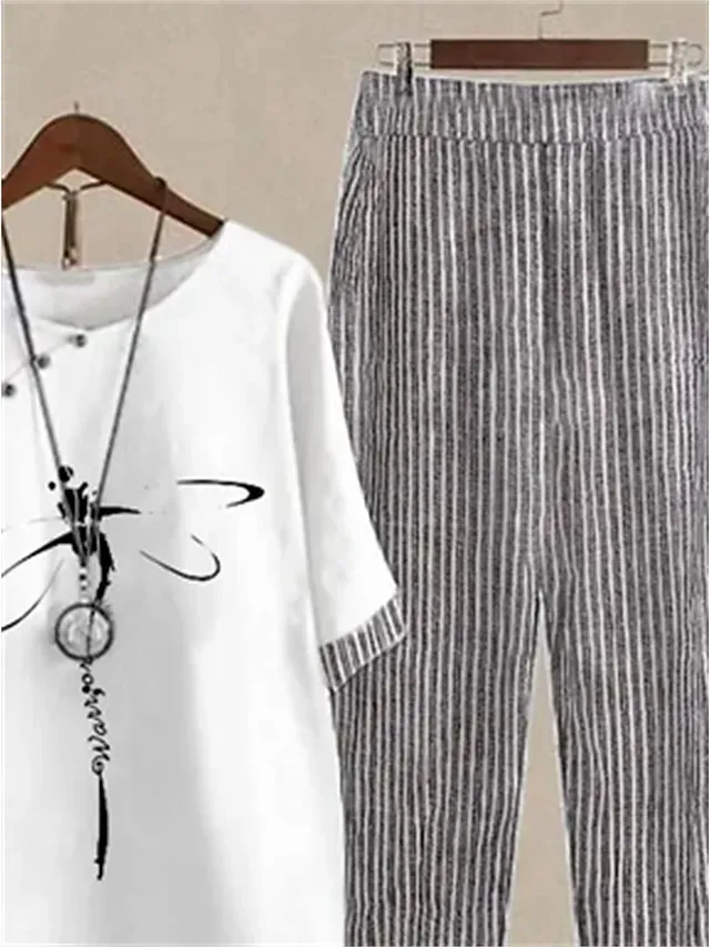 Women's Shirt Pants Sets Pants Trousers Basic White Pink Holiday Weekend Graphic Striped Print Round Neck S M L XL 2XL